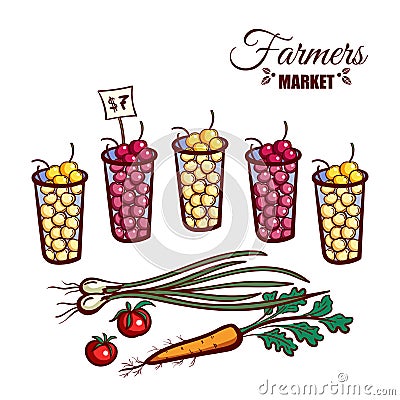 Farmers Market Berries Vegetables Vector Illustration