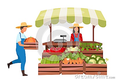 Farmers market flat vector illustration. Eco products, organic produce local store. Market stall with vegetables in wooden crates Vector Illustration