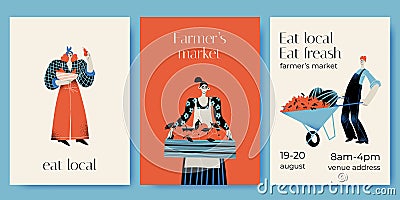 Farmers market invitation card set with funny characters in flat style. Man and women with fruits Vector Illustration