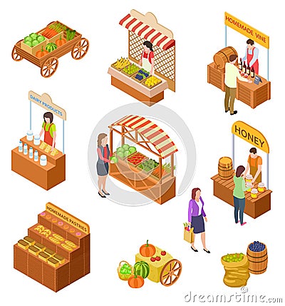 Farmers market isometric. People sell and buy traditional meal, vegetables and fruit on food marketplace with stalls 3d Vector Illustration