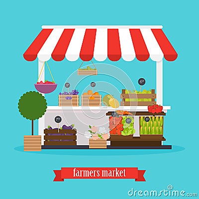 Farmers market. Local market Fruit and vegetables. Flat design m Vector Illustration