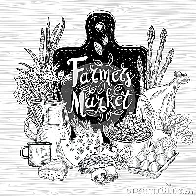 Farmers market, organic logo design, healthy food shop. Organic food set. Good nutrition. Hand drawn vector. Vector Illustration