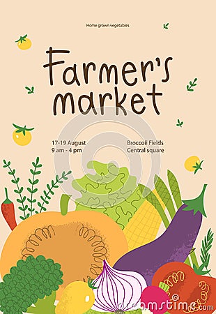 Farmers market poster design. Fresh local vegetables in trendy flyer for food festival. Vector Illustration