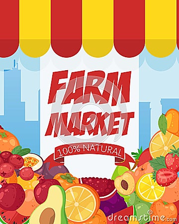 Farmers market poster template with eco organic fruits. Vector illustration. Fresh fruity farm marketplace banner design Vector Illustration