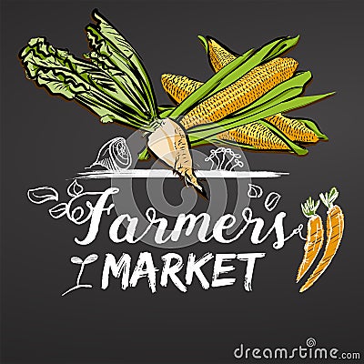 Farmers Market Sketched Banner on Chalkboard Vector Illustration