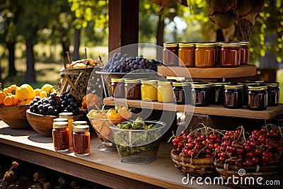 Farmers Market Stand With Variety Of Colorful Fruits, Vegetables, And Homemade Preserves. Generative AI Stock Photo