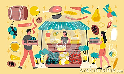 Farmers Marketplace Cartoon Set Vector Illustration