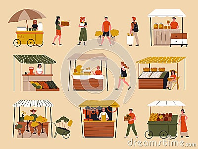 Farmers Marketplace Color Set Vector Illustration