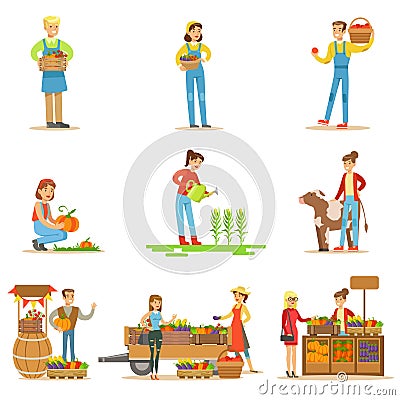 Farmers Men And Women Working At The Farm And Selling Fresh Farming Vegetables Vector Illustration