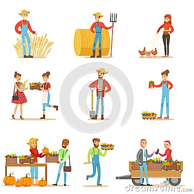 Farmers Men And Women Working At The Farm And Selling Organic Farming Vegetables On Natural Fresh Product Market Vector Illustration