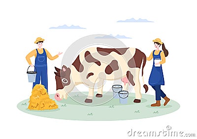 Farmers are Milking Cows to Produce or Obtain Milk with Views of Green Meadows or on Farms in an Illustration Flat Style Vector Illustration