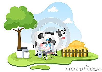 Farmers are Milking Cows to Produce or Obtain Milk with Views of Green Meadows or on Farms in an Illustration Flat Style Vector Illustration