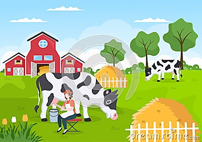 Farmers are Milking Cows to Produce or Obtain Milk with Views of Green Meadows or on Farms in an Illustration Flat Style Vector Illustration