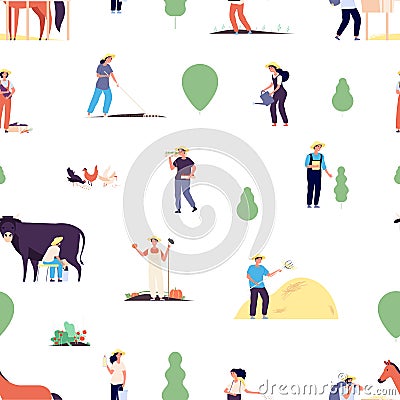 Farmers pattern. Gardener team, agriculture or harvest time background. People on village with horse and cow, isolated Vector Illustration