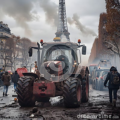 Farmers protest with tractors on the streets of cities in France Stock Photo