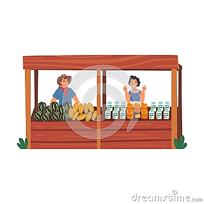 Farmers Selling Fresh Fruits and Dairy Products on Wooden Stall at Marketplace Vector Illustration Vector Illustration