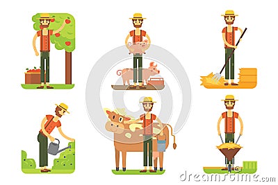 Farmers using agricultural tools. Set farmer vector illustration Vector Illustration