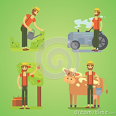 Farmers using agricultural tools. Set farmer vector illustration Vector Illustration