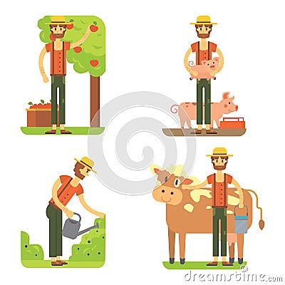 Farmers using agricultural tools. Set farmer vector illustration Vector Illustration