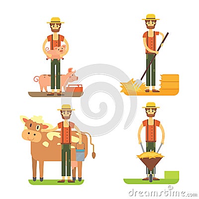 Farmers using agricultural tools. Set farmer vector illustration Vector Illustration