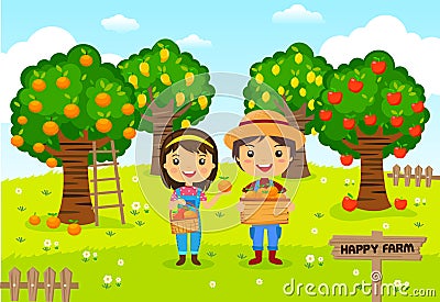 Farmers working in garden fruit farm Vector Illustration