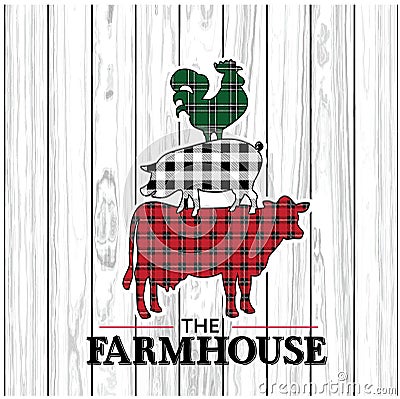 Christmas farmhouse animals with plaid and check print Vector Illustration