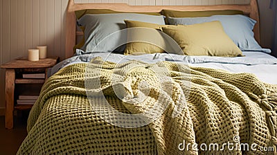 Farmhouse bedroom decor, interior design and wooden furniture, bed with green country bedding, English country house, holiday Stock Photo