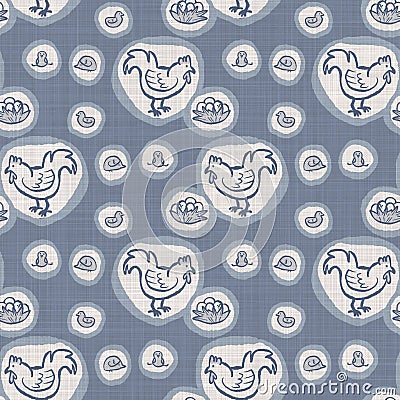 Farmhouse blue chicken hen linen seamless pattern. Tonal french country cottage style farm animal background. Simple Stock Photo