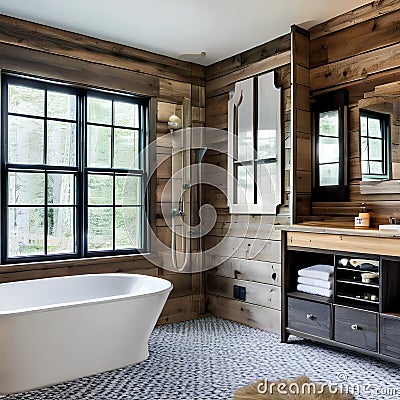6 A farmhouse-inspired bathroom with shiplap walls, a clawfoot tub, and a rustic vanity5, Generative AI Stock Photo
