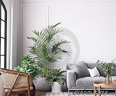 Farmhouse interior living room, empty wall mockup in white room with gray sofa, wooden furniture and green plant Stock Photo