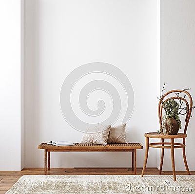 Farmhouse living room interior with wooden furniture, wall mockup Stock Photo