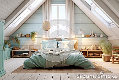 Farmhouse style interior design of modern bedroom in attic. Crea Stock Photo
