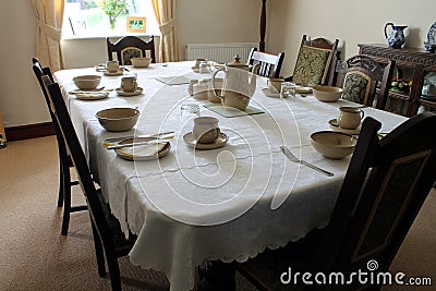 Farmhouse Table set for Breakfast Stock Photo