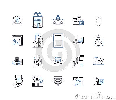 Farmhouses line icons collection. Rustic, Cozy, Countryside, Serene, Scenic, Spacious, Vintage vector and linear Vector Illustration