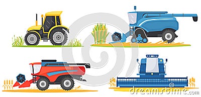 Farming agricultural machines and farm vehicles set. Vector Illustration