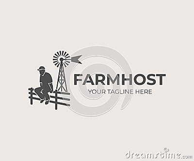 Farming and agriculture, farmer sitting on fence on background aermotor windmill, logo design. Farm and agricultural, vector desig Vector Illustration