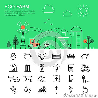 Farming and agriculture thin line icons. Vector Illustration