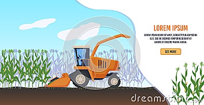 Farming agriculture vector illustration, cartoon flat agricultural agrarian tractor or farmers combine harvester working Vector Illustration
