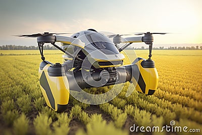 Farming automation using drones over on fields, future agriculture, Generative AI Cartoon Illustration