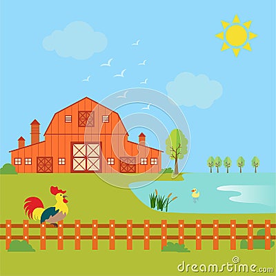 Farming concept with house, rooster and duck on the lake Stock Photo