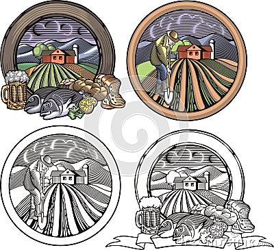 Farming and Countrylife Vector Illustration Set in Woodcut Style Vector Illustration