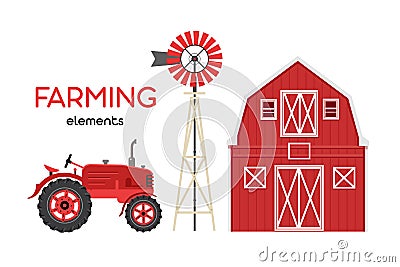 Farming elements. Red barn, tractor, windmill. Flat vector elements. Vector Illustration