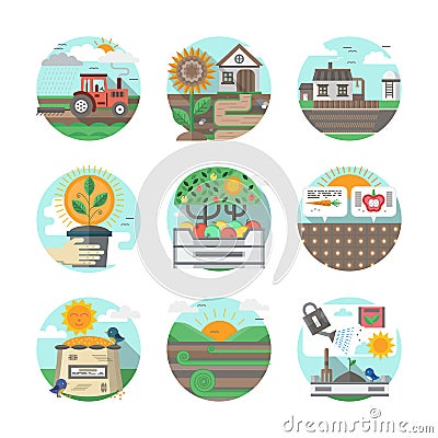 Farming flat color icons set Vector Illustration