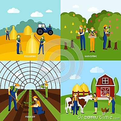 Farming 4 flat icons square poster Vector Illustration