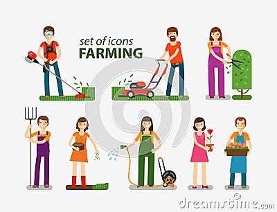 Farming and gardening, horticulture set of icons. People at work on the farm. Vector illustration Vector Illustration