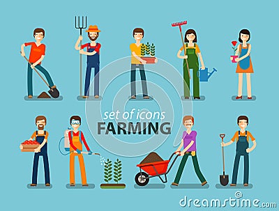 Farming and gardening icon set. People at work on the farm. Vector illustration Vector Illustration