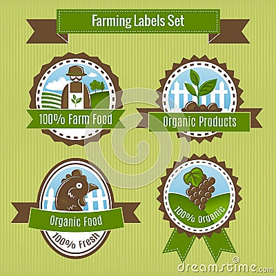 Farming harvesting and agriculture badges or labels set Vector Illustration
