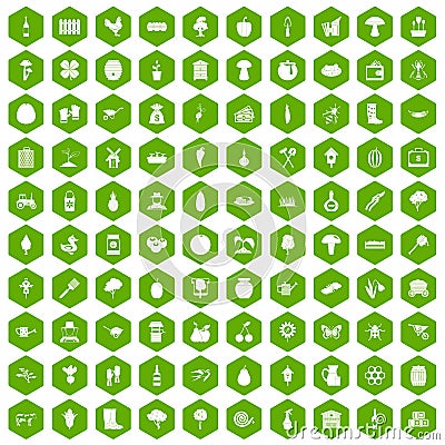 100 farming icons hexagon green Vector Illustration