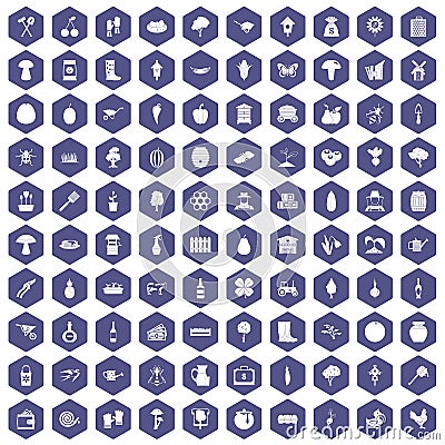100 farming icons hexagon purple Vector Illustration