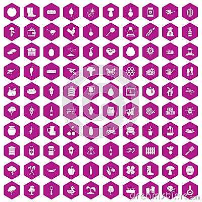 100 farming icons hexagon violet Vector Illustration